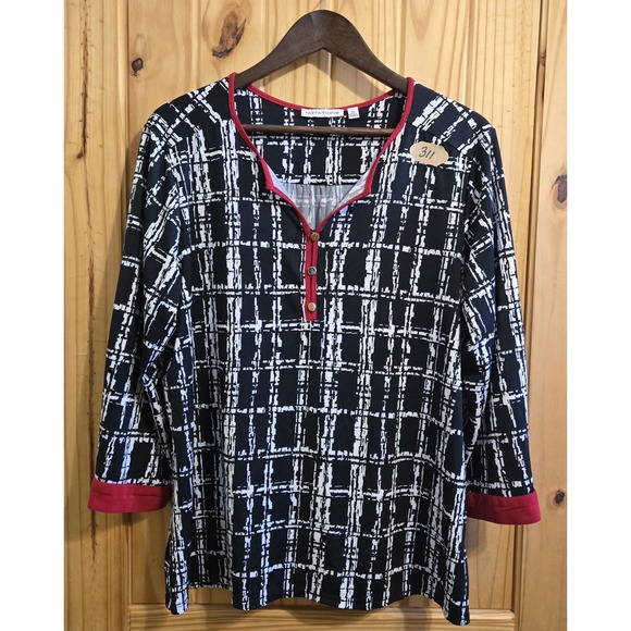 Notations Tops - Notations Women's Blouse Size XL Red Black White Long Sleeve 3 Button Front